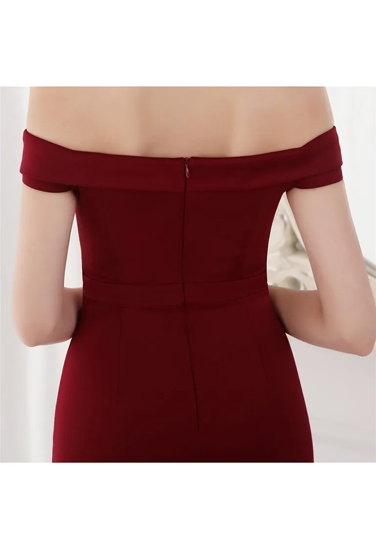 Off-Shoulder Mesh Inserted Satin Gown in Burgundy - 8