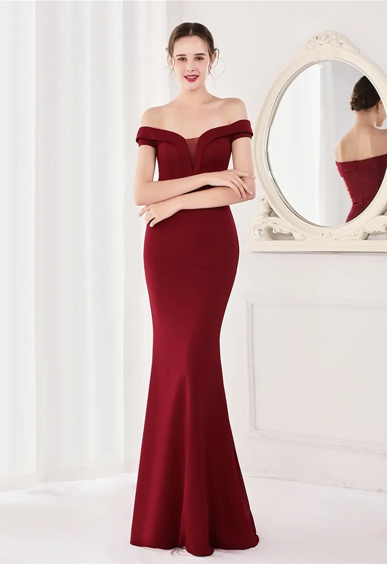 Off-Shoulder Mesh Inserted Satin Gown in Burgundy