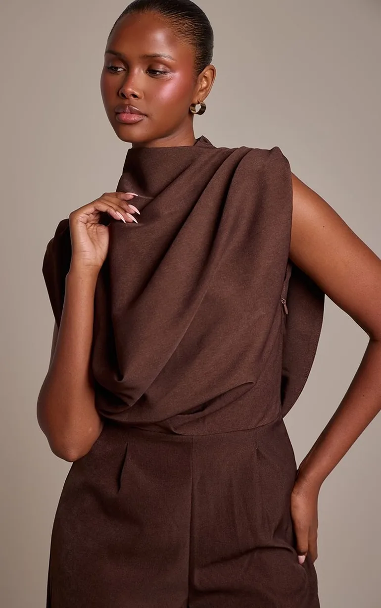 Chocolate Woven Asymmetric Cowl Drape Back Jumpsuit - 3