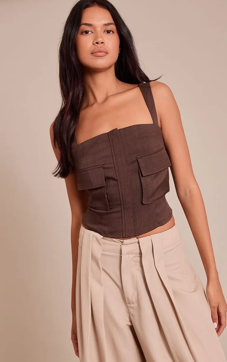 Chocolate Woven Pocket Detail Zip Front Corset - 5