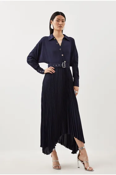 Petite Jersey And Georgette Mix Belted Pleat Midi Dress