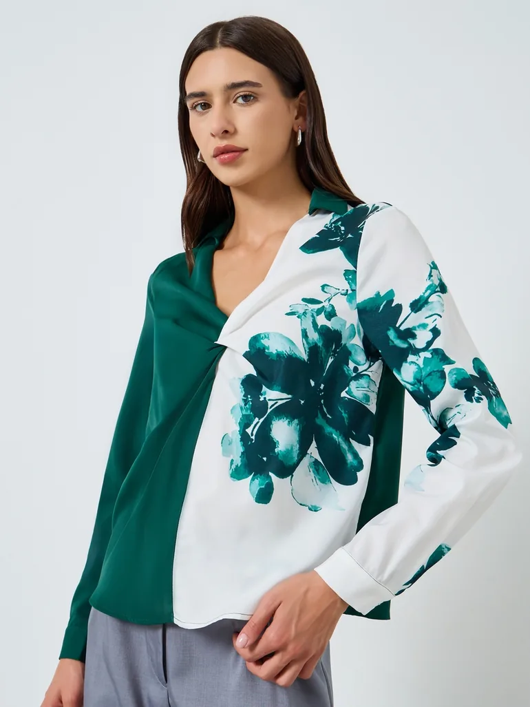 Floral Printed Ruffle Front Detail Long Sleeve Top