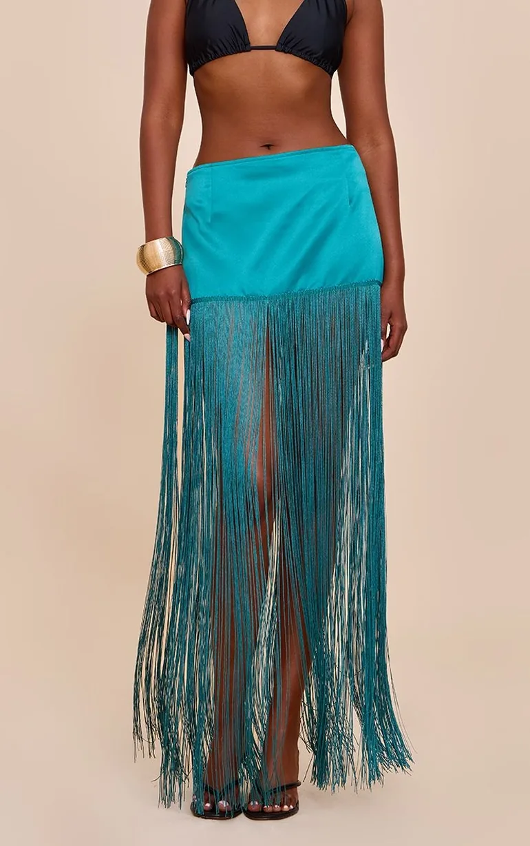 Teal Satin Extreme Tassel Trim Mini Skirt - 1