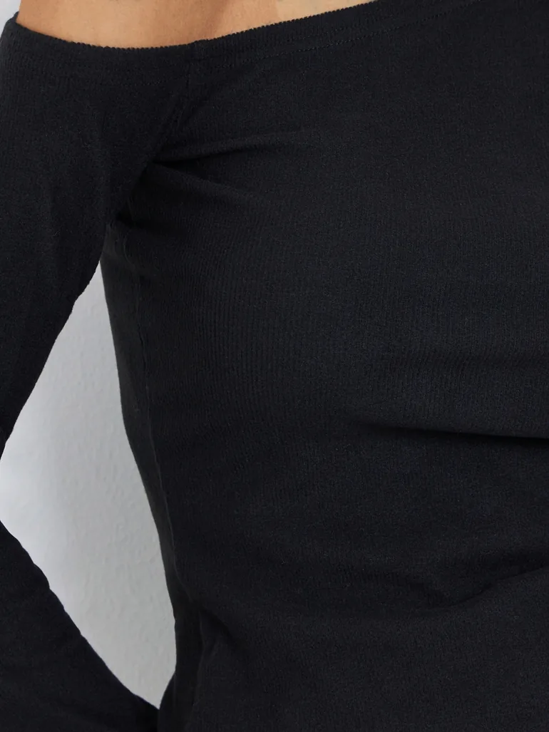Black Asymmetric Neck Knit Top - 3