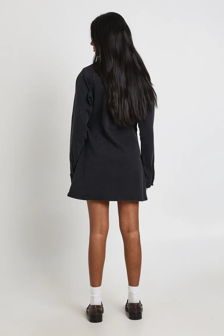 Wrap Front Denim Dress - washed black - 1
