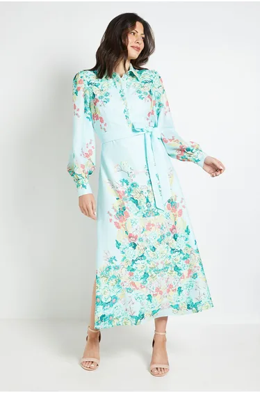 Floral Placement Print Maxi Shirt Dress