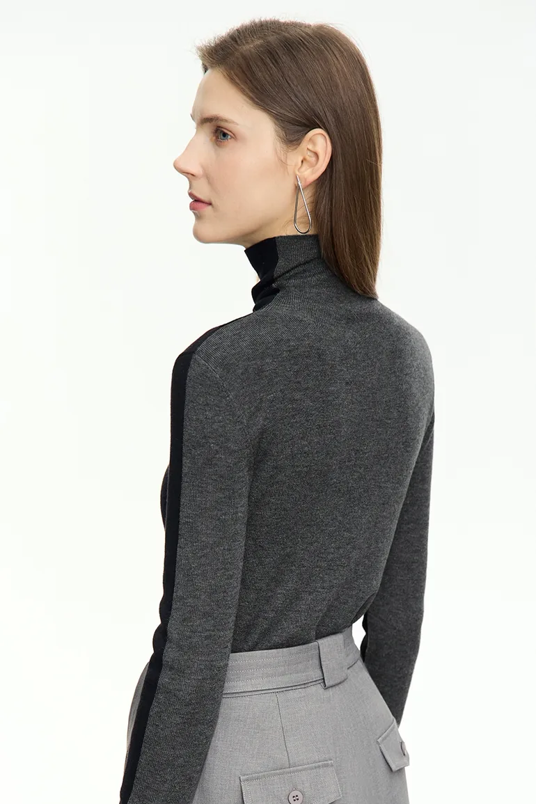 Color - block High Neck Slim Sweater - 1