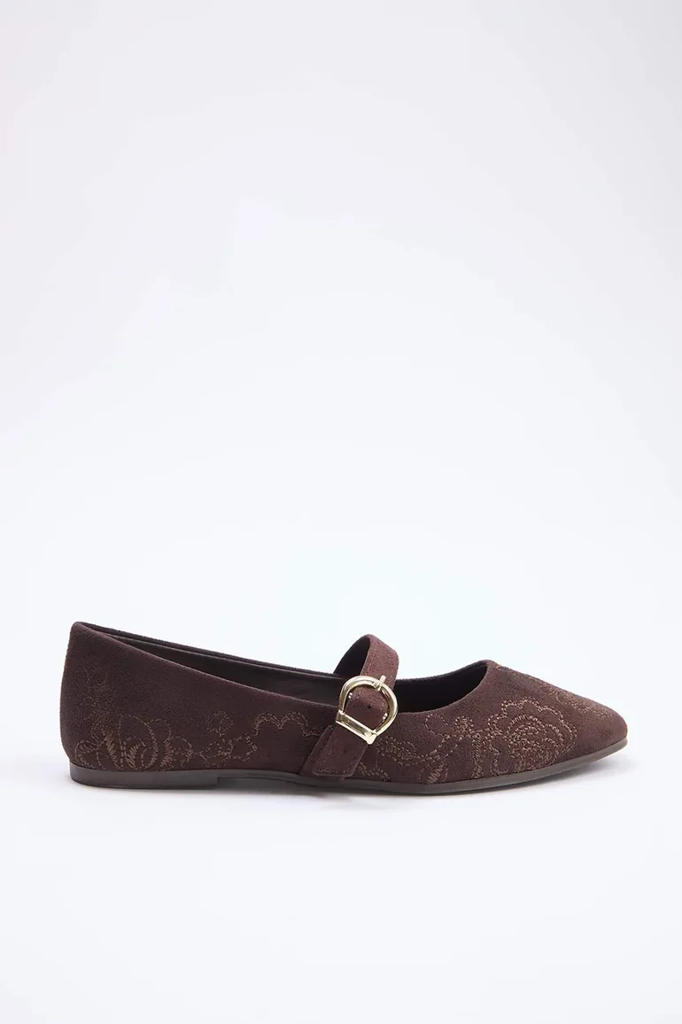 Dark Brown Embroidered Women's Ballerinas - 2