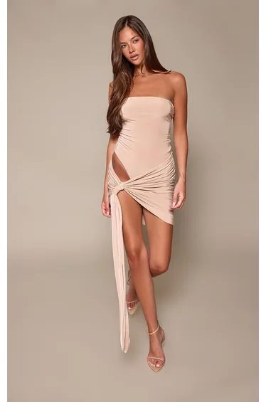 Taupe Double Layer Slinky Mesh Knot Skirt Mini Dress