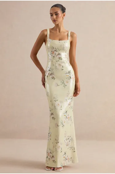 Danette | Yellow Floral Print Sequin Square-Neck Maxi Dress