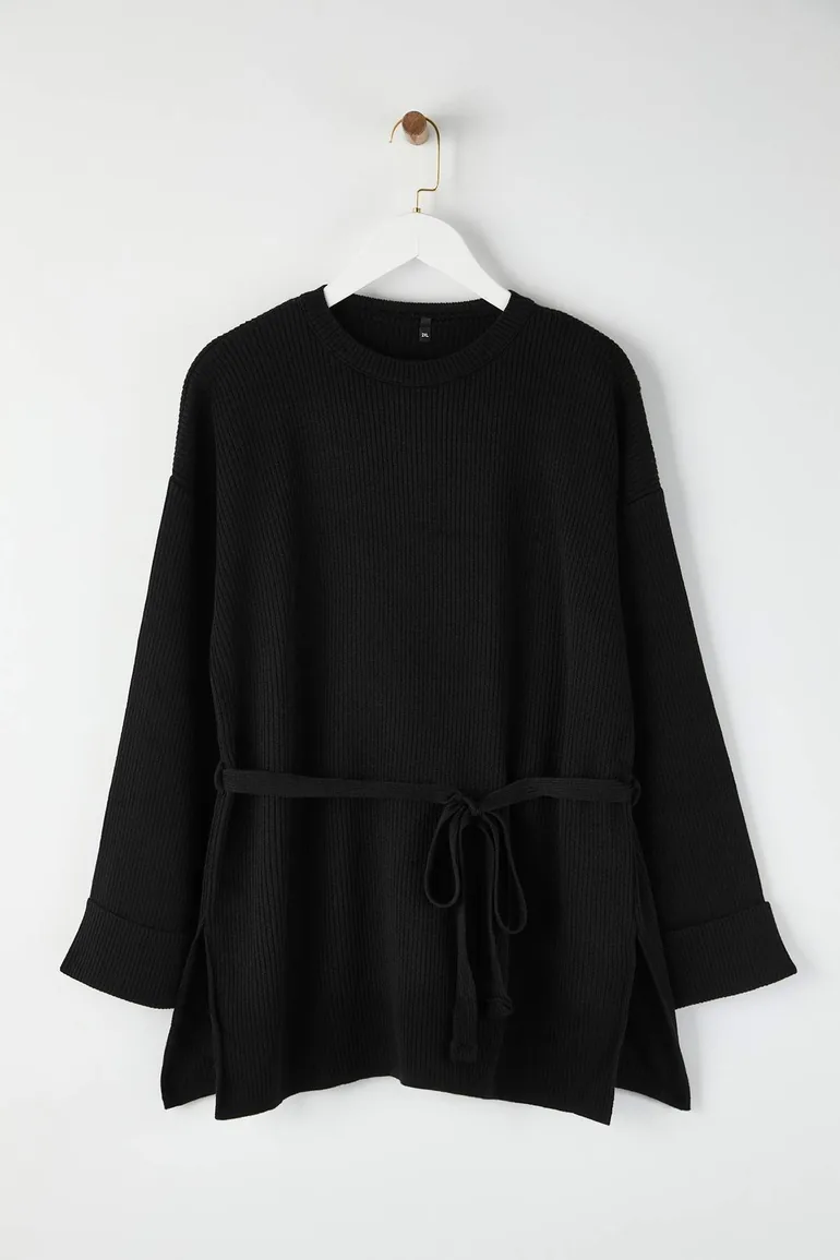 Black Belted Long Knit Sweater