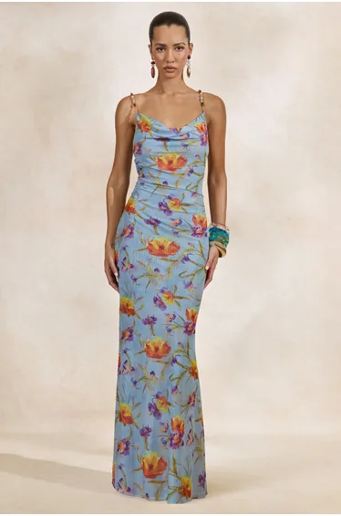 Raisa | Blue Floral Mesh Cowl-Neck Maxi Dress