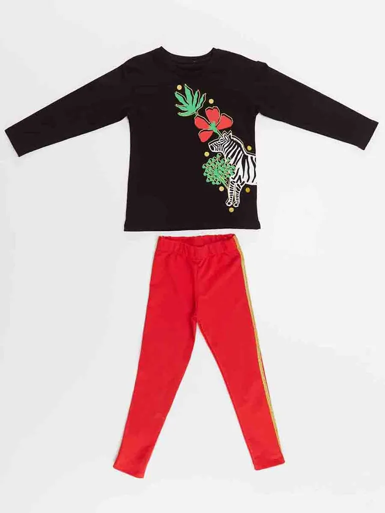 Floral Zebra Girl's T-Shirt Tights Set - 3