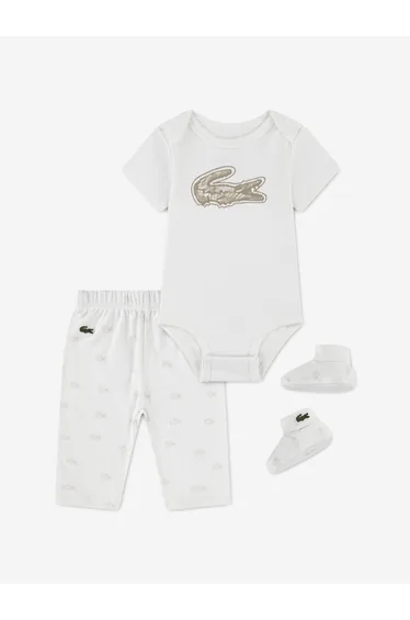 Lacoste Baby 3 Piece Graphic Bodysuit Gift Set in Ivory