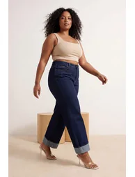 Dark Blue Folded Hem High Waist Wide Leg Comofrt/Medium Stretch Jeans - 5