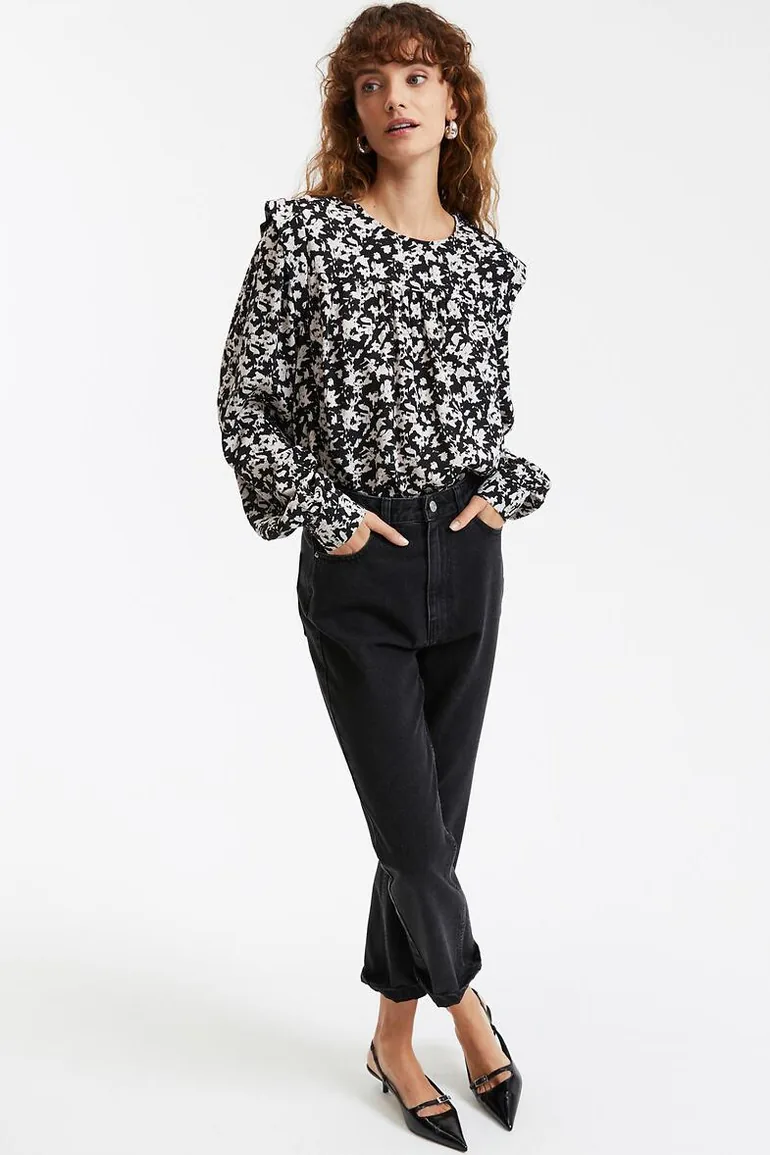 Graphic Print Blouse  with Crew Neck