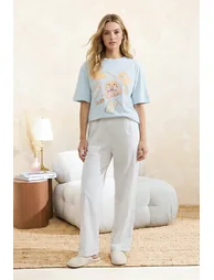 Blue 100% Cotton Striped and Leisure Pattern Knitted Pajamas Set