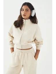DSGN Studio Self Fabric Applique Zip Through Funnel Neck Sweatshirt - stone