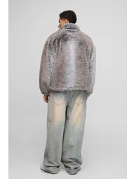 Oversized Fit Two Tone Faux Fur Funnel Neck Zip Through Jacket - brown - 1