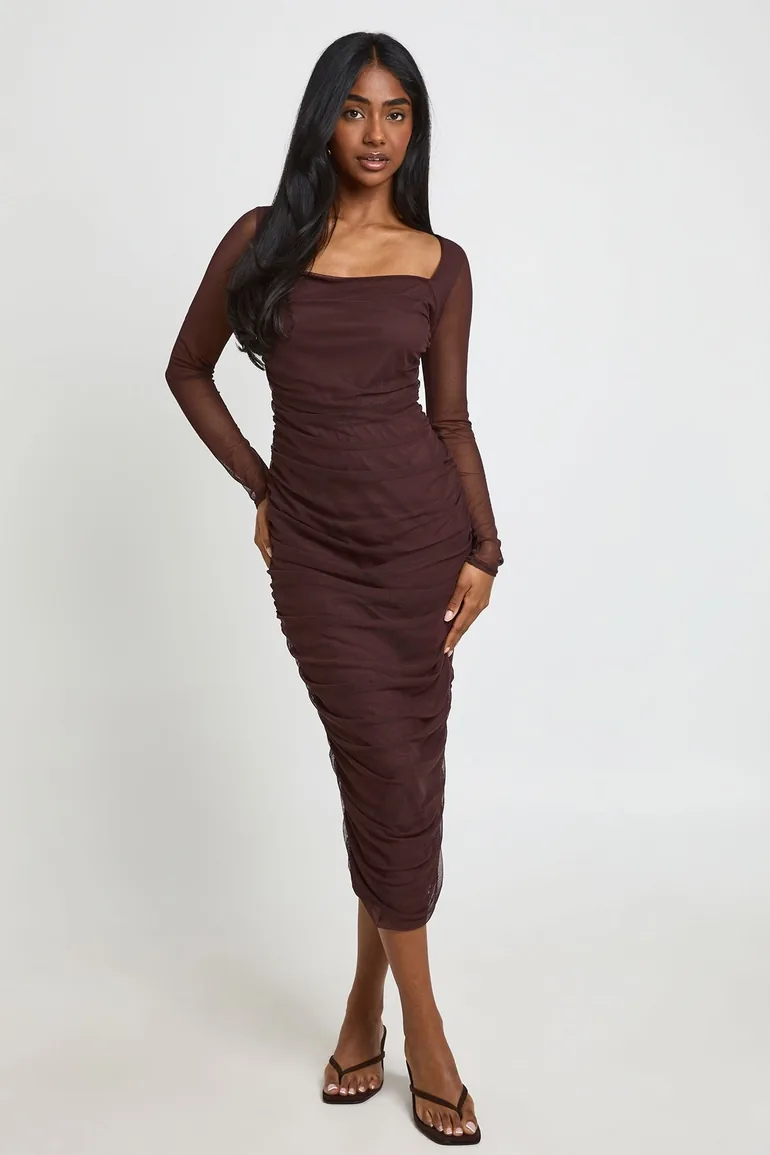 Square Neck Ruched Mesh Midaxi Dress - espresso