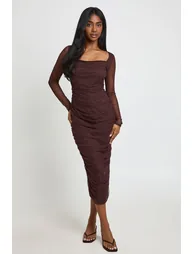 Square Neck Ruched Mesh Midaxi Dress - espresso