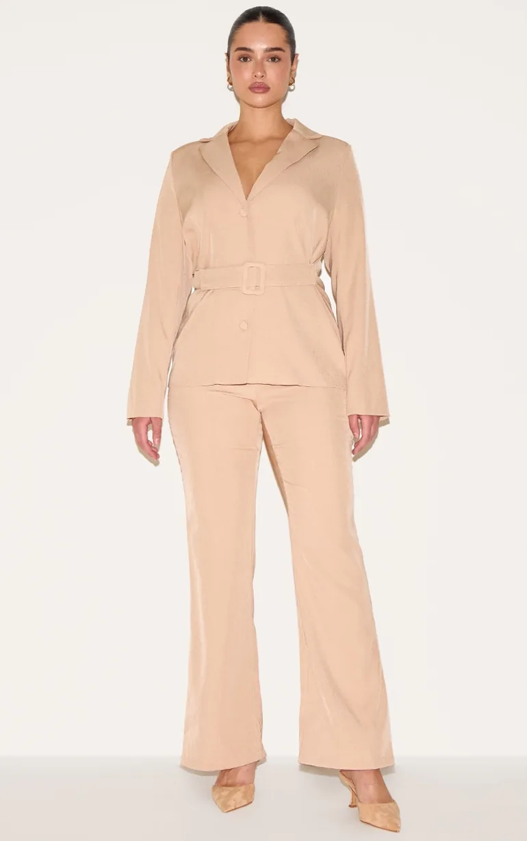 Shape Beige Woven Cinched Adjustable Waist Blazer