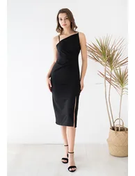 Oblique Neck Split Bodycon Black Dress - 1
