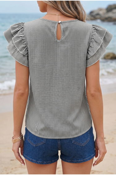 Lvness Black Stripe Striped Ruffle Sleeve Short Sleeve Round Neck Casual Shift Blouse product thumbnail 2
