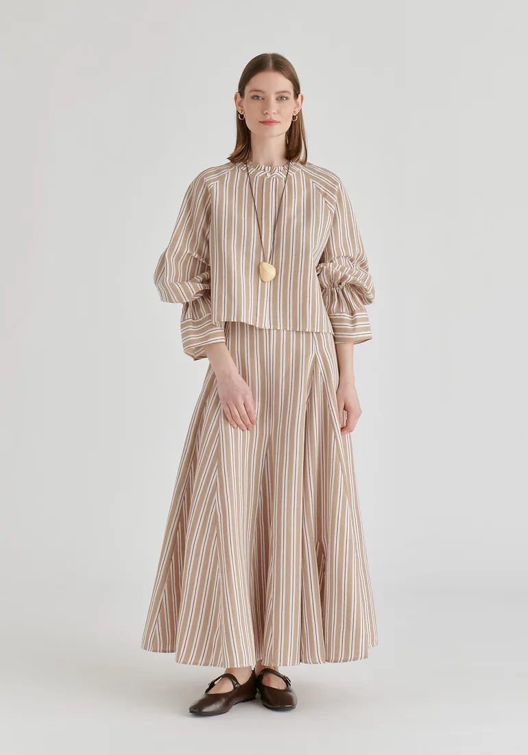 Striped Flared Maxi Skirt with Godet Paneling - 4