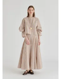 Striped Flared Maxi Skirt with Godet Paneling - 4