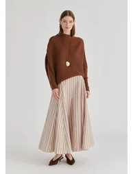 Striped Flared Maxi Skirt with Godet Paneling - 3
