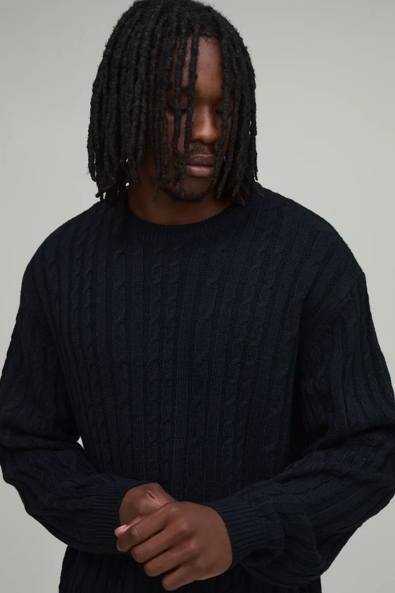 Tall Relaxed Fit Cable Knitted Jumper - black - 2