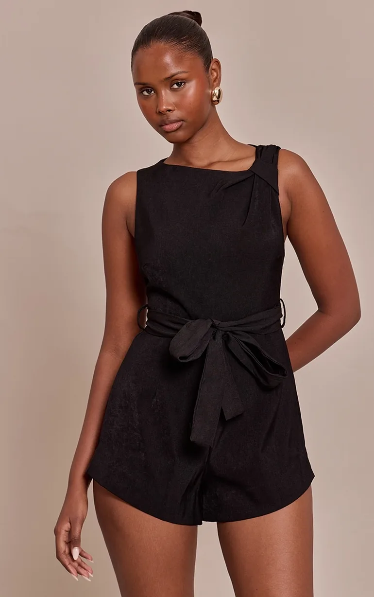 Black Woven Tie Belt Playsuit