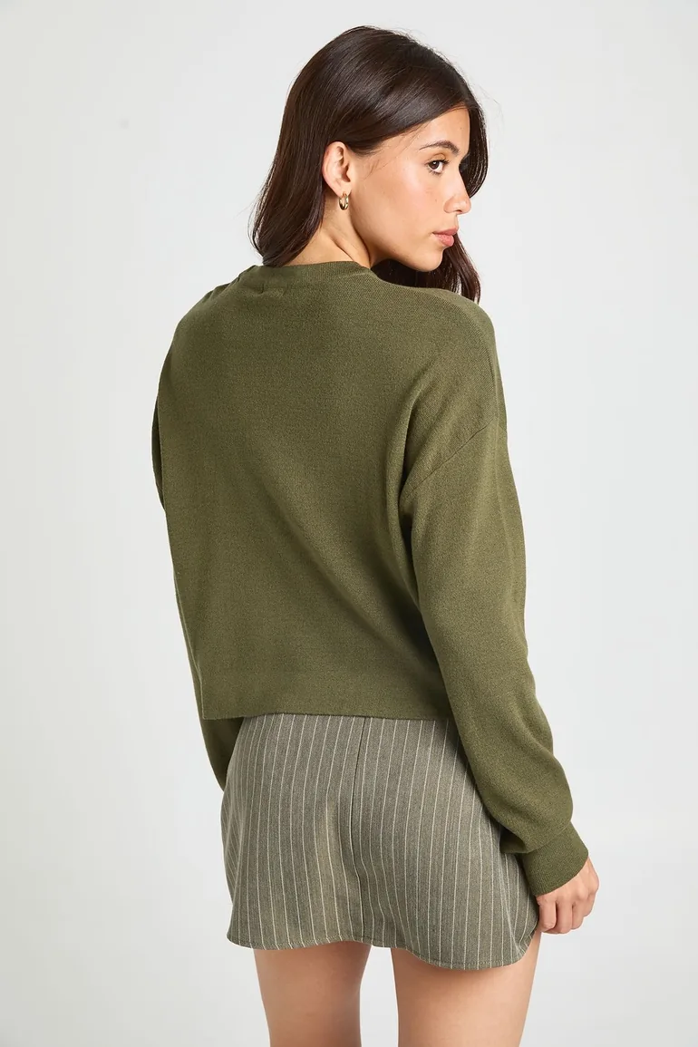 Round Neck Long Sleeve Knitted Top - olive - 1
