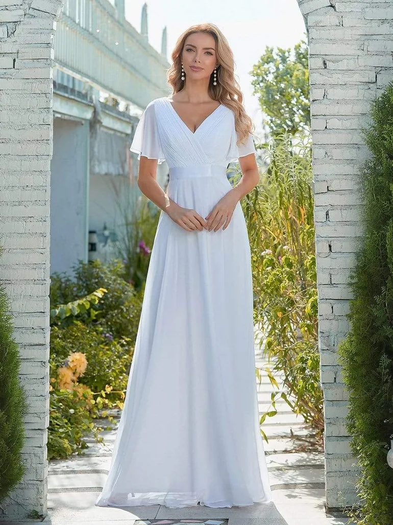 Minimalist A-Line Chiffon Wedding Dress with Satin Belt - 2