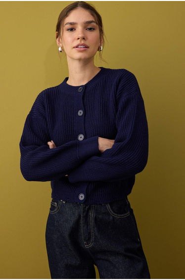 Navy Blue Crew Neck Selanik Knitwear Cardigan