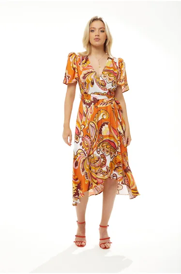 Women's Midi Wrap Dress in Vibrant Orange Floral with Short Sleeves .