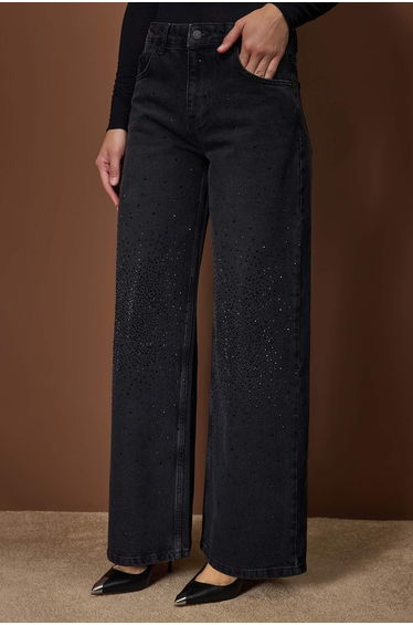 Black stone detailed high waist wide leg jeans product thumbnail 4