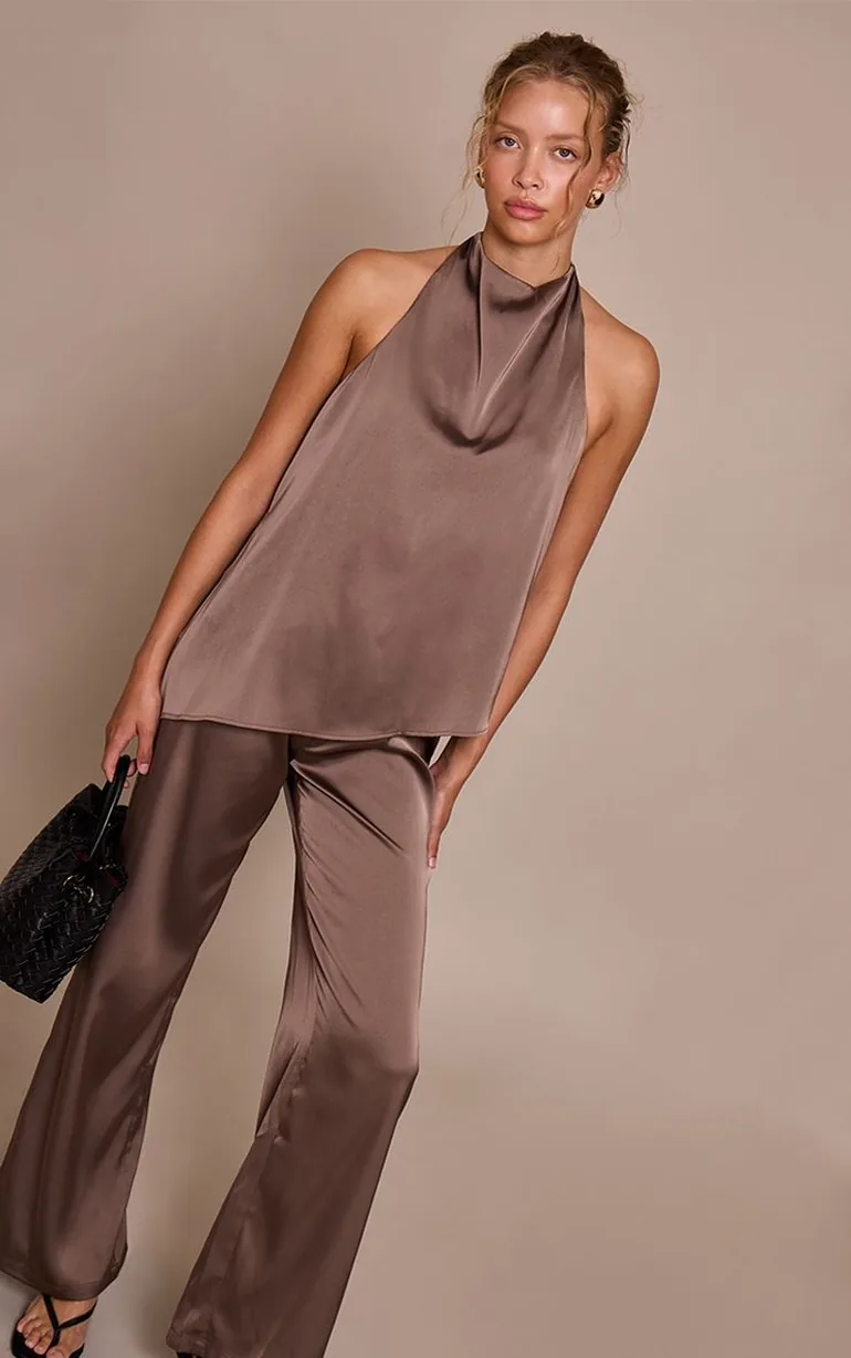 Mushroom Satin Draped Halterneck Wide Leg Jumpsuit - 5