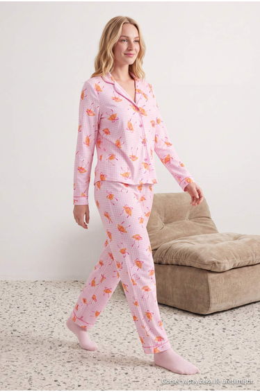 Pink 100% Cotton Ribbed Croissant Patterned Knitted Pajamas Set product thumbnail 3