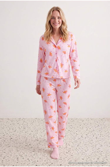 Pink 100% Cotton Ribbed Croissant Patterned Knitted Pajamas Set