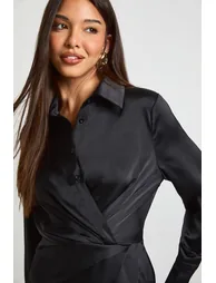 Satin Drape Waist Long Sleeve Maxi Shirt Dress - black - 3
