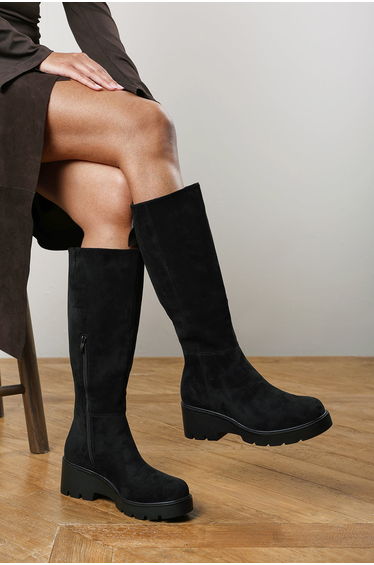 Envara Wide Fit Knee High Wedge Boot With Stitch Panel Detailing