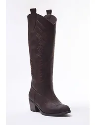 Dark Brown Embroidered Block Heel Suede Cowboy Boots