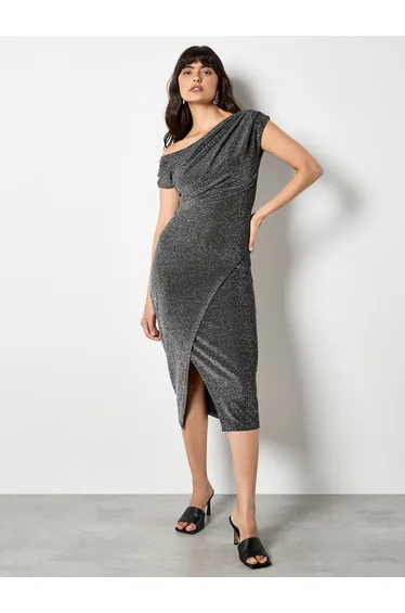 Drape Shoulder Wrap Shimmer Midi Dress
