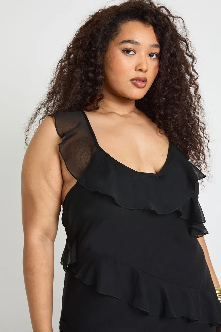 Plus Chiffon Ruffle Strappy Maxi Dress - black - 3