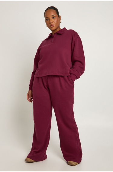 Plus Collared Button Down Sweatshirt & Wide Leg Co Ord - burgundy product thumbnail 3