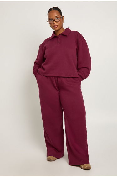 Plus Collared Button Down Sweatshirt & Wide Leg Co Ord - burgundy