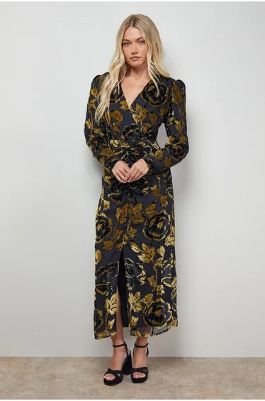 Floral Shoulder Pad Long Sleeve Midi Dress