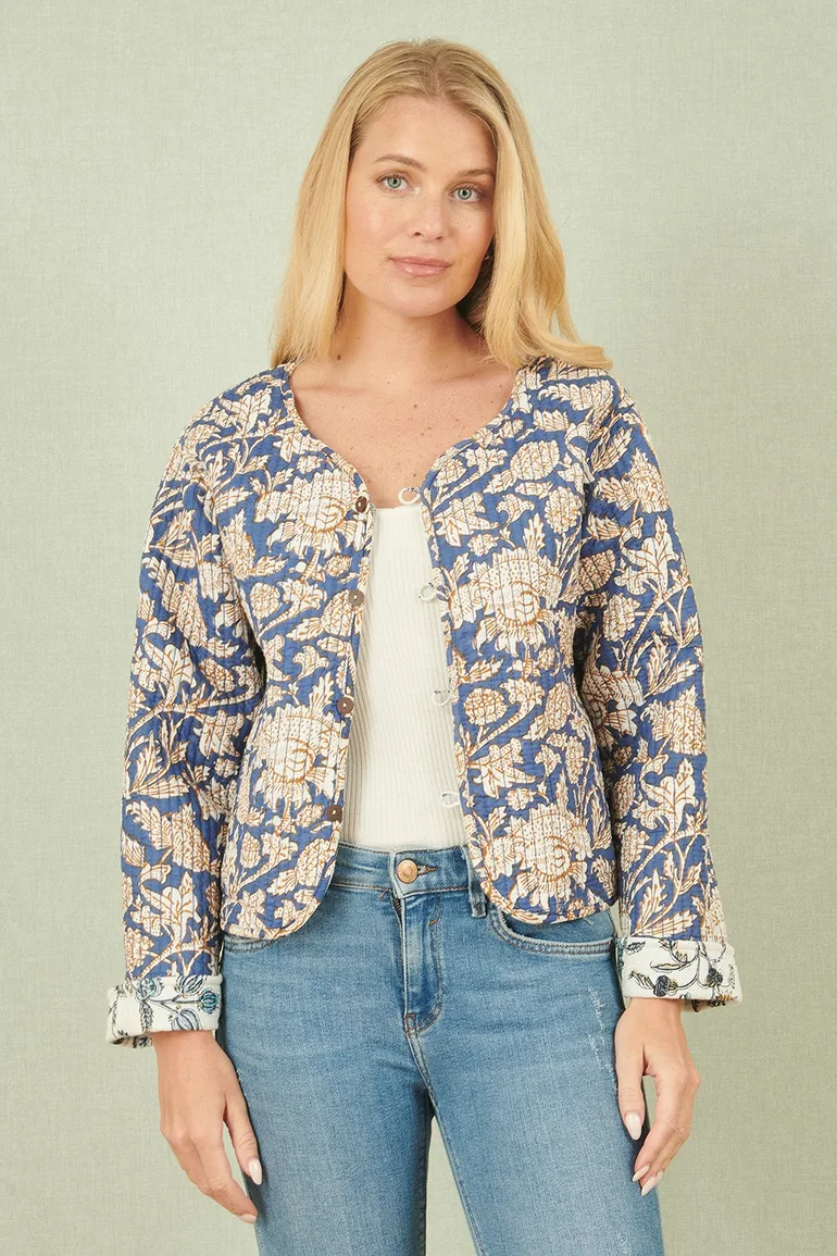 Yumi White Floral Reversible Cotton Quilted Jacket - 2